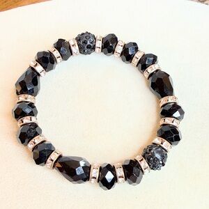 Black Faceted Glass Bead Stretch Bracelet Rhinestone Spacers 7.5”